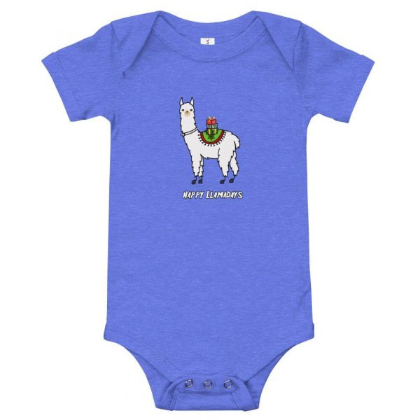 Tracheostomy onsie in heather blue with image of a llama with a tracheostomy tube with Happy Llammadays written underneathe