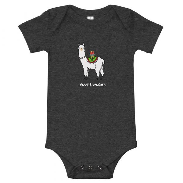 Tracheostomy onsie with image of a llama with a tracheostomy tube with Happy Llammadays written underneathe