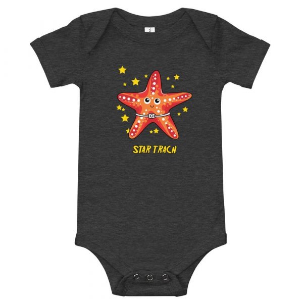 Tracheostomy onsie in grey with image of a starfish with a tracheostomy tube and Star Trach written underneathe