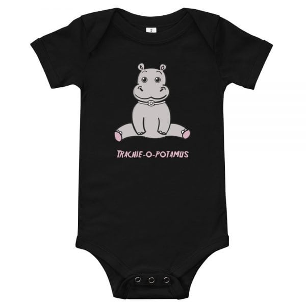 Tracheostomy Onsie in black with an image of a cartoon hippopotamus with a tracheostomy tube