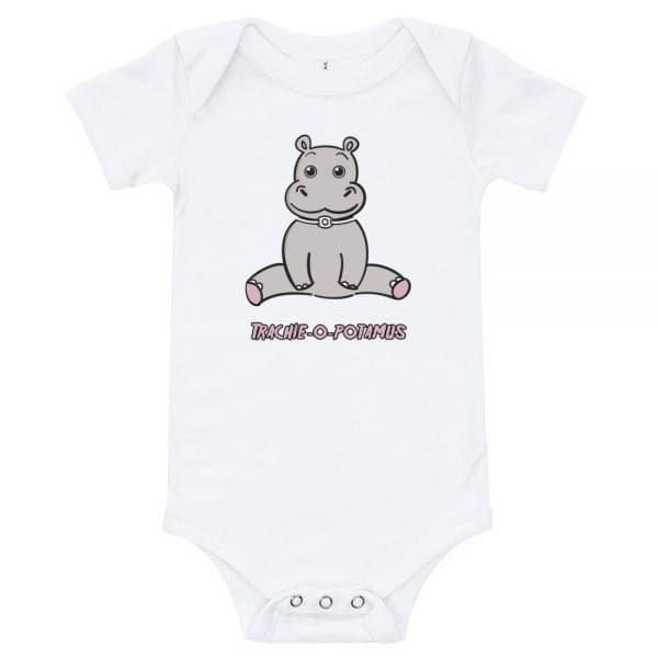 Tracheostomy Onsie in white with an image of a cartoon hippopotamus with a tracheostomy tube