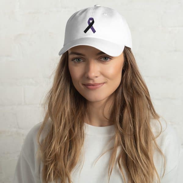 tracheostomy awareness hat with purple and black ribbon